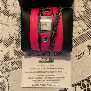 La Mer Wrap Bracelet Style Watch with Hot Pink Leather Band